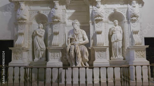 Detail of the altar sculpture group of prophet Moses, famous sculpture by Renaissance artist Michelangelo for the church of San Pietro in Vincoli in Rome, Italy
