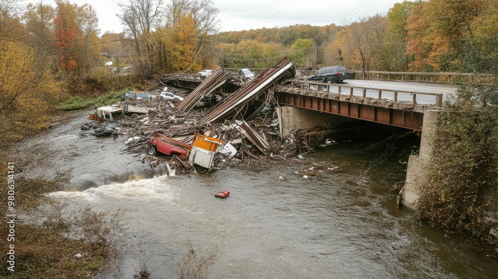 A collapsed bridge over a river, with vehicles and debris partially submerged in the water A collapsed bridge over a river, with vehicles and debris partially submerged in the water