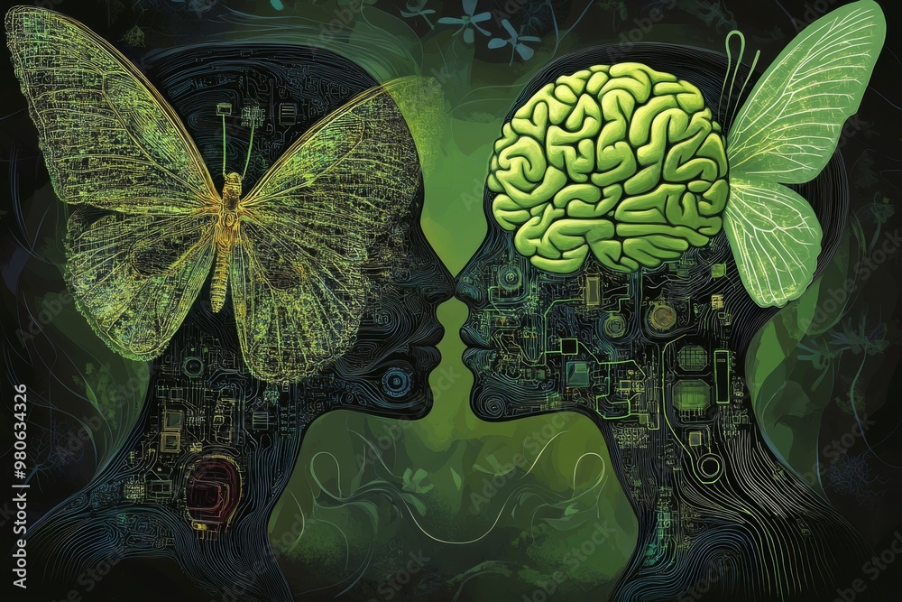 Two human heads with butterfly wings and glowing green brains symbolizing the transformation of human cognition evolution of intelligence and the connection between nature and technology Two human heads with butterfly wings and glowing green brains symbolizing the transformation of human cognition evolution of intelligence and the connection between nature and technology