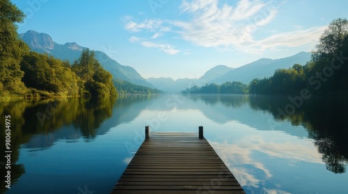 A serene river with a wooden dock extending out over the water, with trees and mountains in the distance.