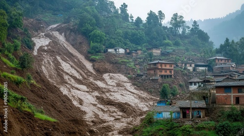 A landslide burying a village, with mud and rocks cascading down a steep hillside photo