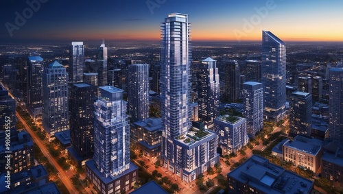 Wallpaper Mural Aerial panorama of the skyline at sunset, skyscrapers towering over the city. Torontodigital.ca