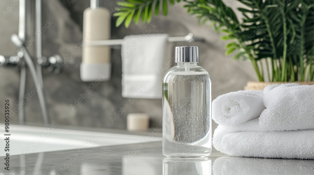 A single glass bottle filled with clear shampoo, placed in a modern bathroom setting, next to fresh towels and a shower in the background. A single glass bottle filled with clear shampoo, placed in a modern bathroom setting, next to fresh towels and a shower in the background.
