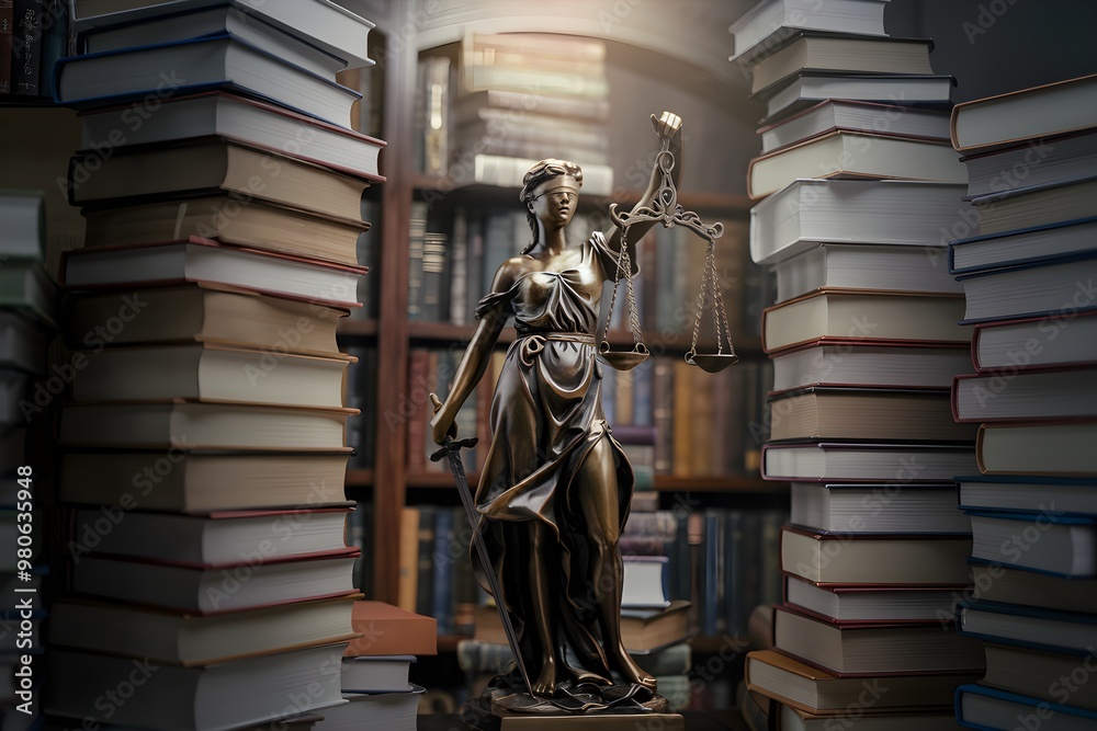 Fototapeta premium Statue of Justice among tall stacked books, soft lighting highlights intricate details