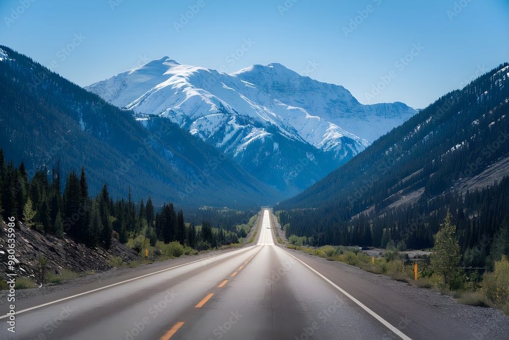 Fototapeta premium Straight road flanked by coniferous forests and snow capped mountains, sunny blue sky
