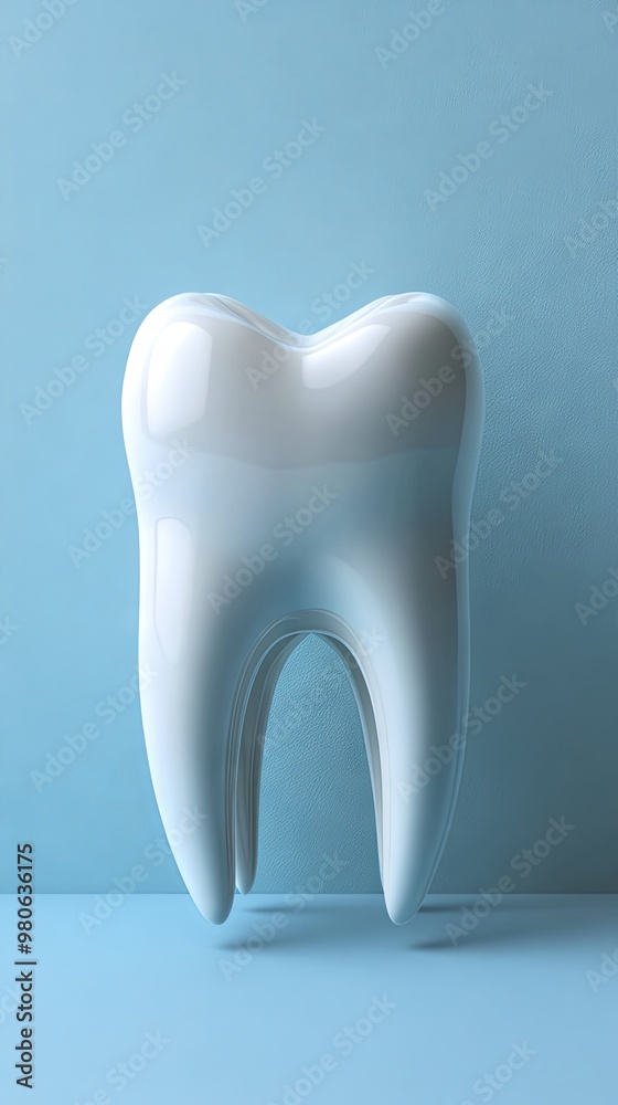Pastel blue postcard with a white fake tooth, concept of dentistry Pastel blue postcard with a white fake tooth, concept of dentistry