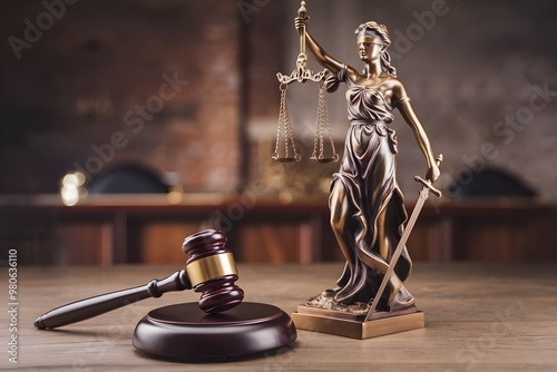 Lady Justice statue on pedestal with gavel in foreground, blurred dimly lit room