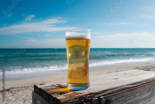 Fototapeta Naklejka Na Ścianę i Meble -  Tall glass of golden beer on weathered wood, serene beach scene with azure sea and clear sky