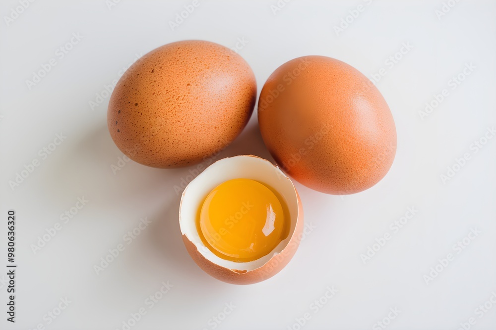 Three brown eggs on white background, one cracked open with bright yellow yolk Three brown eggs on white background, one cracked open with bright yellow yolk