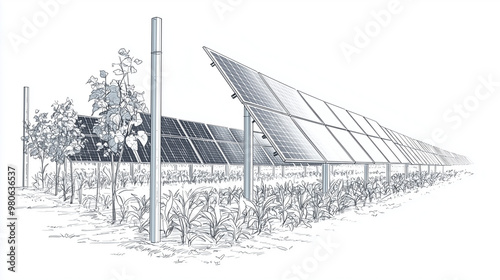 Modern Agri-PV Integration: Detailed Line Art of Vertical Solar Panels in East-West Layout with Interspersed Crops