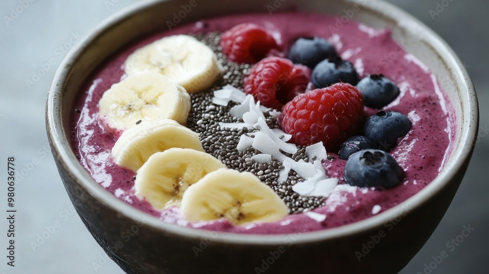 A smoothie bowl made with blended berries, topped with banana slices, chia seeds, and coconut flakes. A smoothie bowl made with blended berries, topped with banana slices, chia seeds, and coconut flakes.