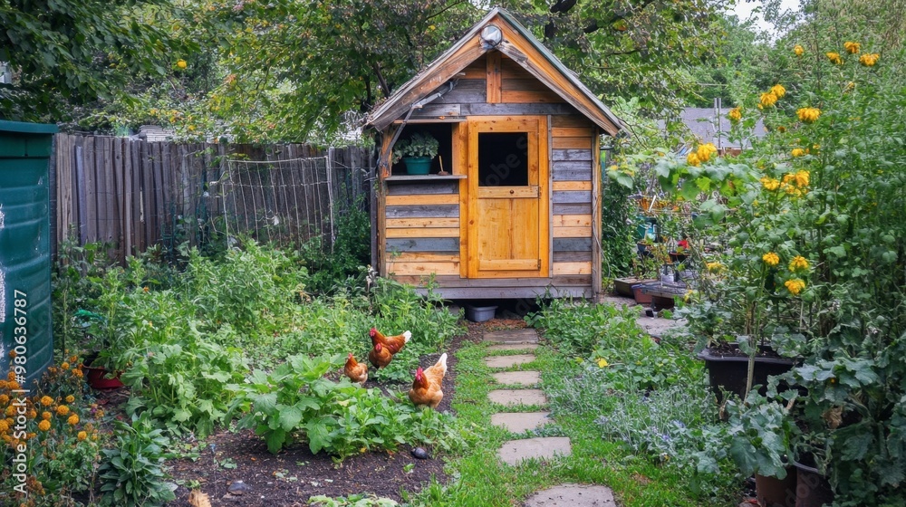 A small, urban chicken coop in a backyard garden, with hens laying eggs and fresh plants growing nearby. A small, urban chicken coop in a backyard garden, with hens laying eggs and fresh plants growing nearby.