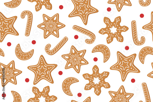 Christmas seamless pattern of Christmas gingerbreads on white background. Christmas background. Christmas concept. Christmas ornaments.	