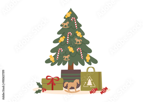 Christmas banner. Decorated potted Christmas tree with gifts on white background. Sustainable Christmas concept. 
