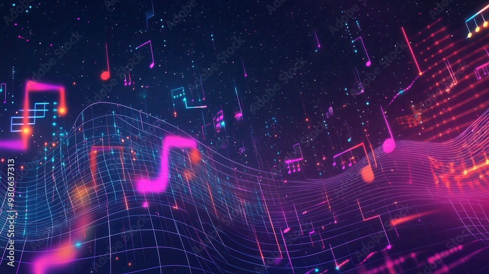 Vibrant Music Wave Background with Colorful Notes Vibrant Music Wave Background with Colorful Notes