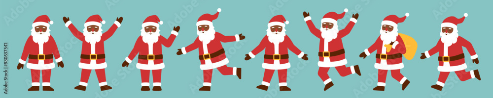 Set of Santa Clauses in different poses. Black skin Santa Claus. Christmas concept. Set of Santa Clauses in different poses. Black skin Santa Claus. Christmas concept.