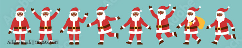 Set of Santa Clauses in different poses. Black skin Santa Claus. Christmas concept.	