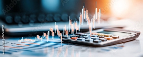 Calculator with a declining interest rate graph on the screen, financial analysis concept