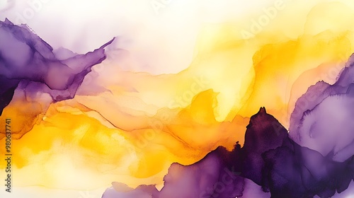 Abstract Watercolor Painting with Yellow and Purple Hues photo