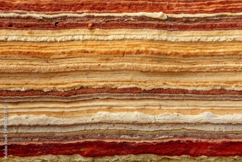 Natural layered sediment flat texture with earthy tones and subtle patterns, featuring horizontal stripes of rusty red, beige, and creamy white hues. photo