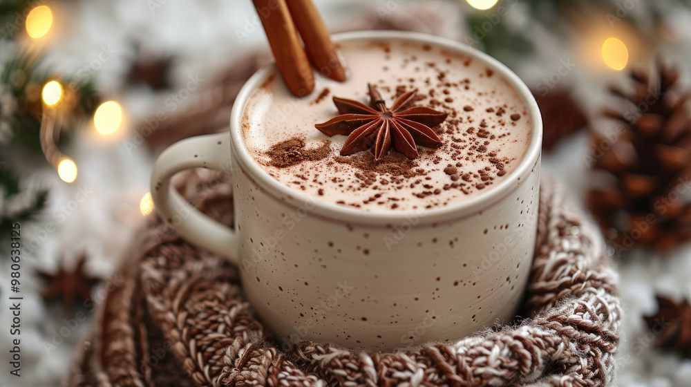 Cup of tasty hot chocolate or cocoa with cinnamon on blurred Christmas background. Cozy sweet seasonal drink. Generative AI. Cup of tasty hot chocolate or cocoa with cinnamon on blurred Christmas background. Cozy sweet seasonal drink. Generative AI.