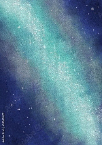 Vibrant cosmic nebula with glowing teal and turquoise hues blending into a starry deep blue and purple background. Perfect for celestial, space, or abstract-themed projects and backgrounds