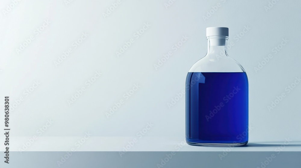A transparent glass bottle with a minimalist label, filled with a deep blue liquid, placed against a white backdrop for a modern, clean look. A transparent glass bottle with a minimalist label, filled with a deep blue liquid, placed against a white backdrop for a modern, clean look.