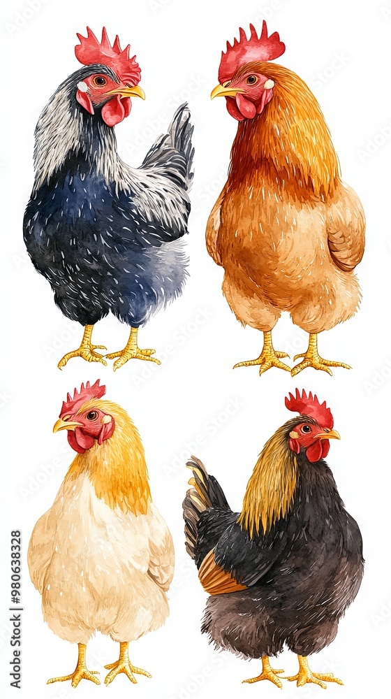 Fototapeta premium Portrait of different hens isolated on a white background