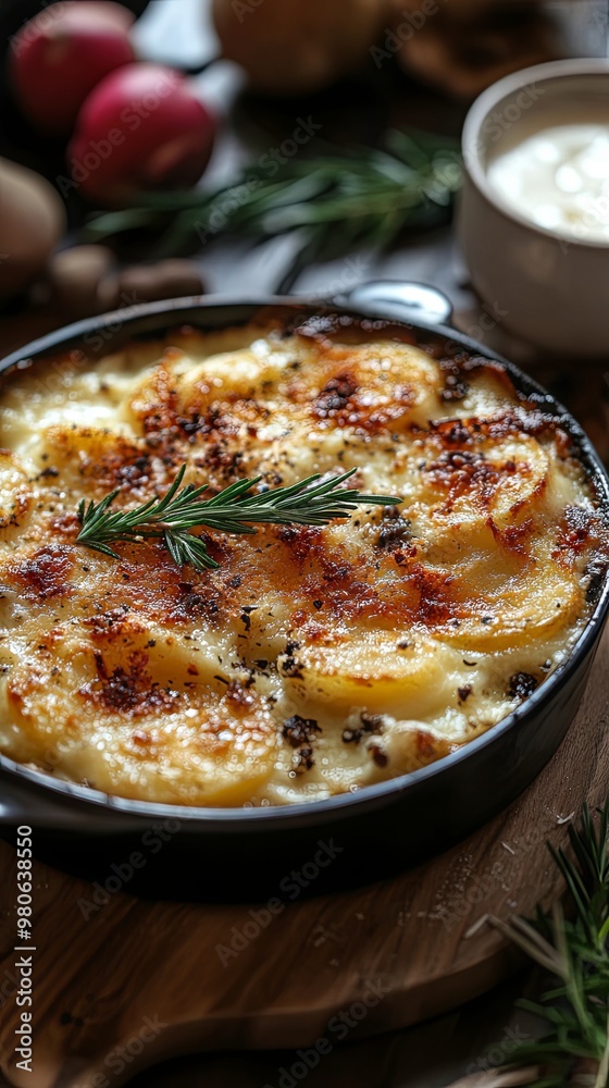 Potato gratin baked with cream and cheese on wooden table Potato gratin baked with cream and cheese on wooden table