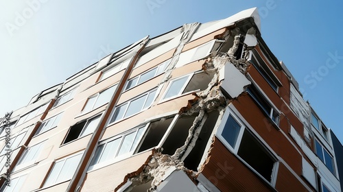 An earthquake causing a building to tilt dangerously, with cracks appearing in the walls photo