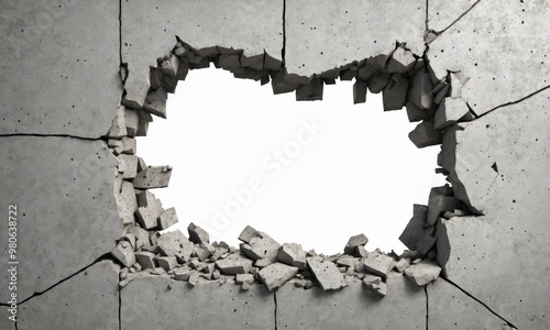 Fototapeta Naklejka Na Ścianę i Meble -  Crumbling concrete wall with a hole in the middle