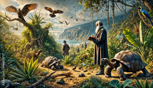 Charles Darwin observing wildlife in the Galápagos Islands, surrounded by lush flora and fauna, including giant tortoises, birds, and exotic plants, symbolizing evolution
