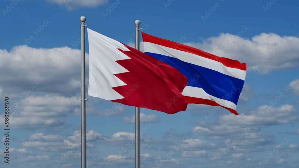 Kingdom of Thailand and Bahrain flags flying together, video concept of the relationship, two country cooperation concept Kingdom of Thailand and Bahrain flags flying together, video concept of the relationship, two country cooperation concept