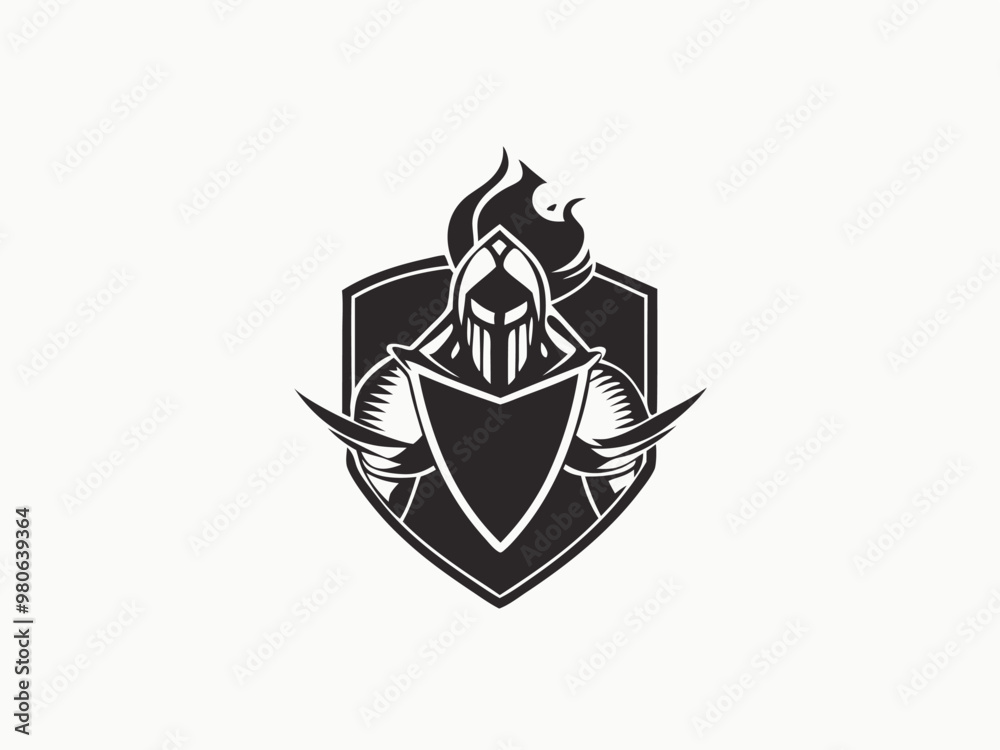 a stylized knight in armor holding a shield, with a flame-like design above the helmet, all set against a shield-shaped background a stylized knight in armor holding a shield, with a flame-like design above the helmet, all set against a shield-shaped background