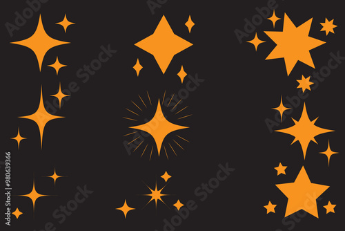 Hand drawn gold star sparkle shine of doodle set. Yellow star shine twinkle glow, spark glitter, magic party light vector illustration. Hand drawn sketch doodle style line sparkle elements