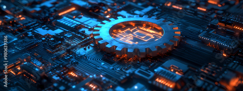 Wallpaper Mural Glowing Gear in a Digital Circuit of Automation Torontodigital.ca