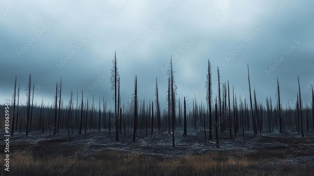 Obraz premium Bleak, grey skies over a forest, with trees standing as blackened skeletons after a fire