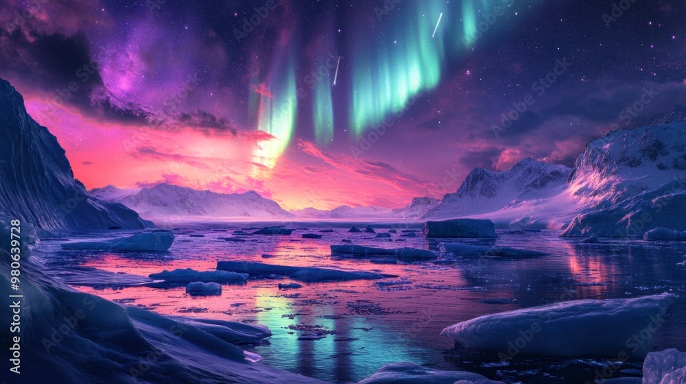 A vibrant display of the Northern Lights over a remote Arctic landscape, with ice floes and a clear night sky filled with stars. A vibrant display of the Northern Lights over a remote Arctic landscape, with ice floes and a clear night sky filled with stars.