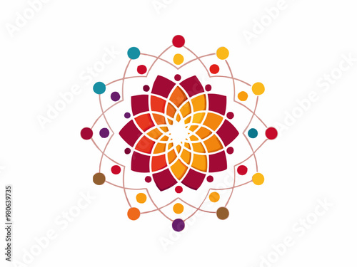  A vibrant mandala design, composed of interconnected circles and petals in a kaleidoscopic arrangement, symbolizing unity, harmony, and spiritual growth