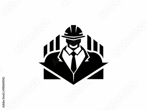 logo featuring a stylized figure in a suit and tie wearing a hard hat, symbolizing professionalism and construction or engineering expertise