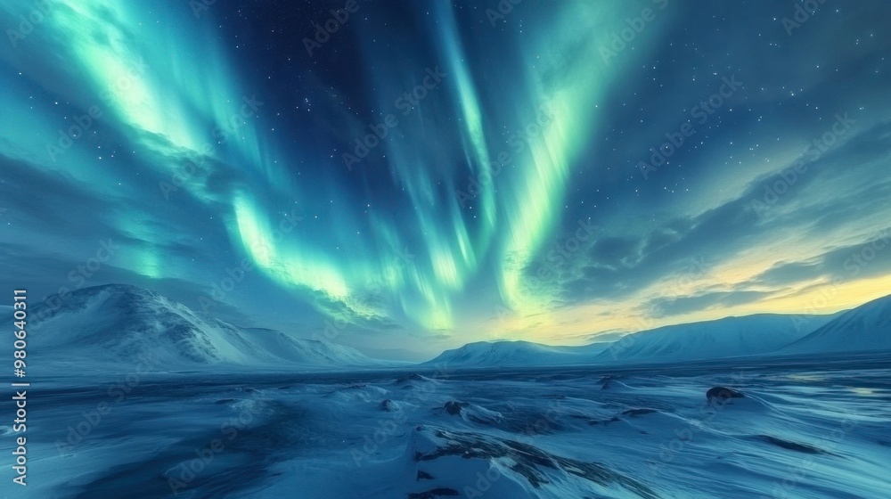 Naklejka premium A vivid display of the Aurora Borealis over a peaceful Arctic tundra, with a blanket of snow and distant hills in the background.