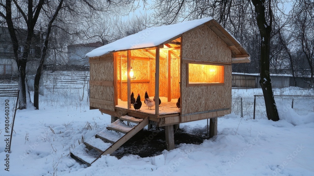A well-built chicken coop designed for winter, with insulation and a heat lamp to keep the hens warm. A well-built chicken coop designed for winter, with insulation and a heat lamp to keep the hens warm.