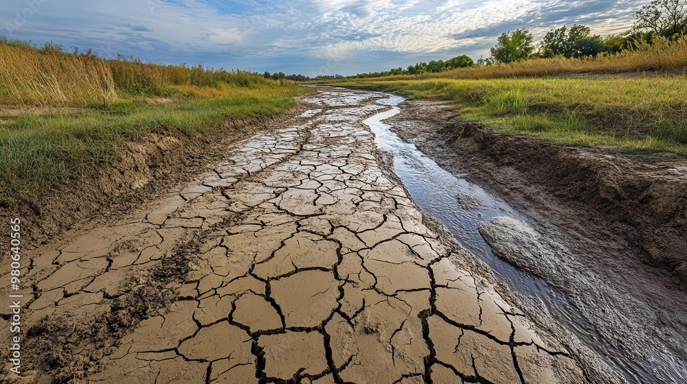 Dry riverbed with cracked mud and no water, illustrating the effects of climate change