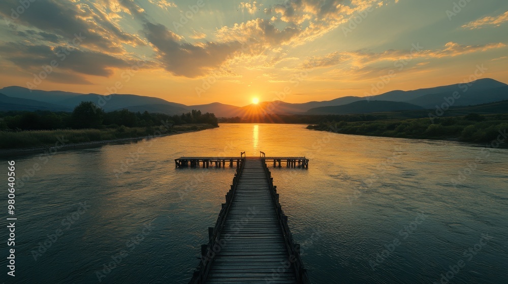 Fototapeta premium A wide river with a wooden pier extending out over the water, with distant mountains and a setting sun.