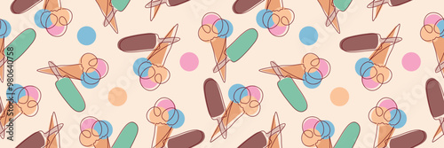 Seamless ice cream pattern. Ice cream line illustration background. Vector