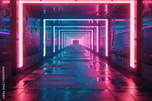 An empty, neon-lit tunnel offers an abstract, immersive background with a wallpaper feel, perfect as a best-seller for futuristic themes