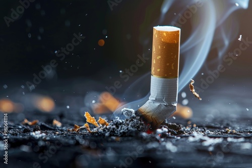 An illegal illustration of a cigarette falling on a rough black floor, a bad thing for health, is burning and causing some smoke in the air with a black background behind