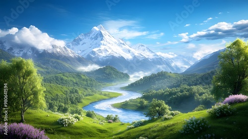 Breathtaking landscape featuring majestic mountains, lush greenery, and a serene river under a bright blue sky.