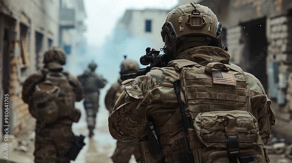 Tactical team training in an urban combat environment, moving through buildings with precision. Generative AI. Tactical team training in an urban combat environment, moving through buildings with precision. Generative AI.