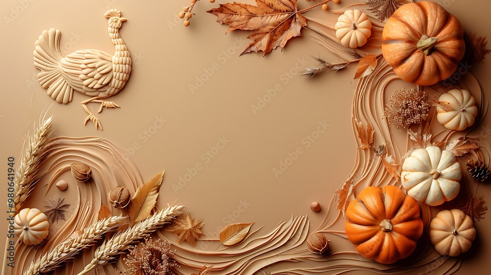 Fototapeta premium A simple Thanksgiving composition featuring a turkey outline with small pumpkins and wheat stalks subtly placed around it, set against a warm, earth-toned background 